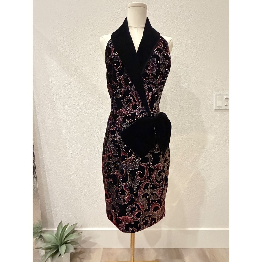 90s Vintage Jessica McClintock Black Velvet Brocade Bow Backless Dress Sz 4